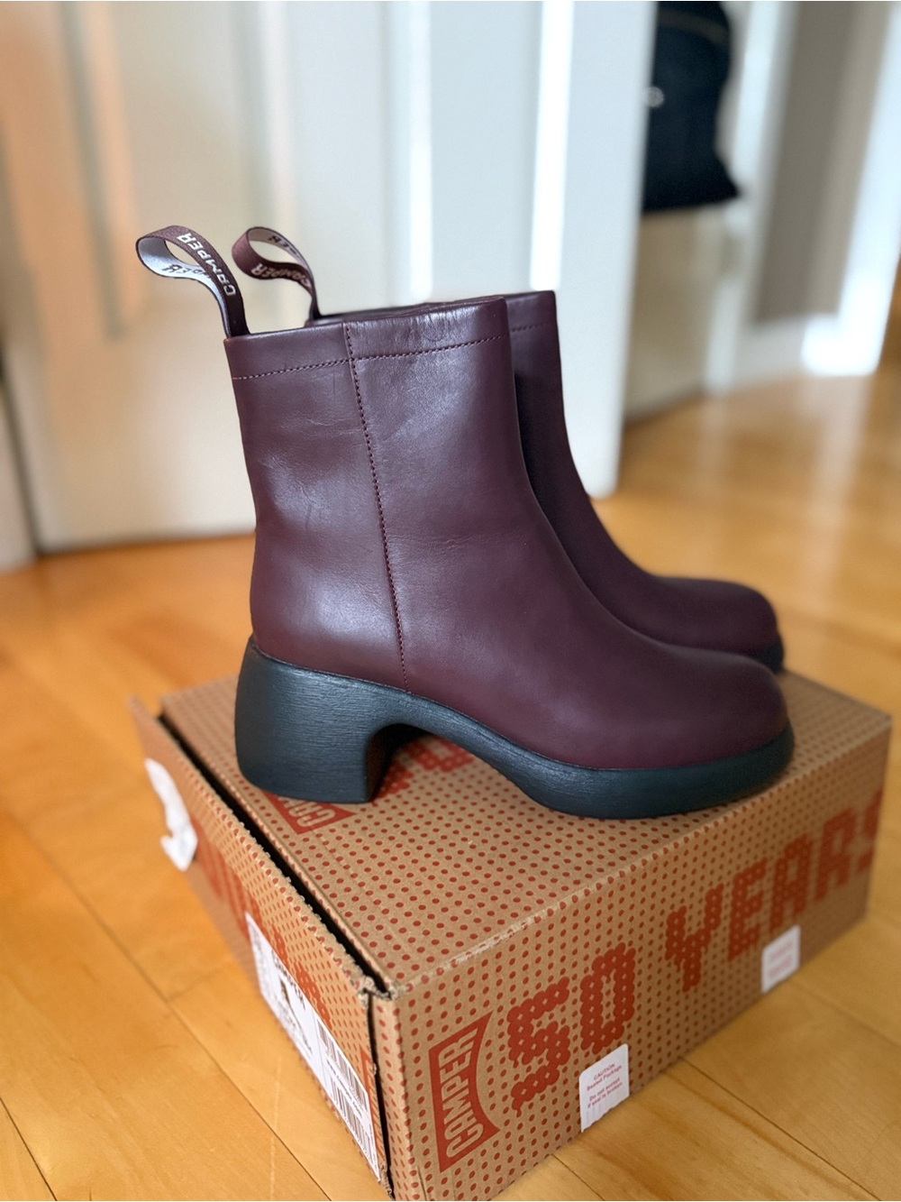 NWT Camper Thelma II Burgundy Leather Platform Ankle Boots